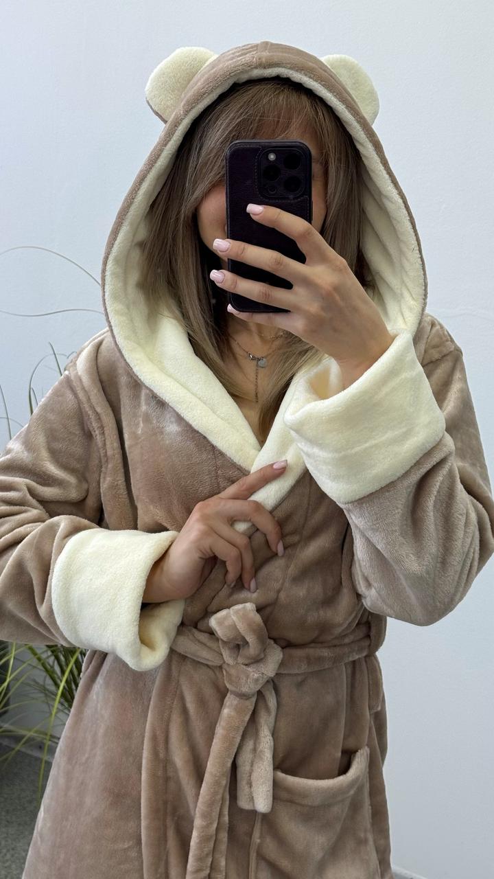Жіночий халат теплий короткий бежевий з вушками, фото 1
