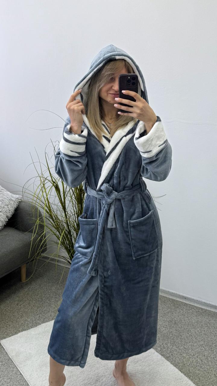 Гарний теплий жіночий довгий махровий халат сірий ТУРЦІЯ, фото 1