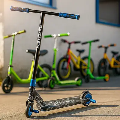 Стильний трюковий самокат дитині і дорослому для скейтпарку / Скутер пегі колеса PU 110 мм широке кермо Синій