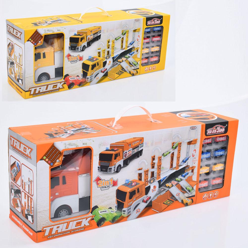 Гараж трейлер 42см-інерц, гараж/трек 50-38-в31см, звук, світло, машинки 8шт 4,5см, 2 види, на бат-ці, в кор-ці, 58,5-22-15см /8/, фото 1