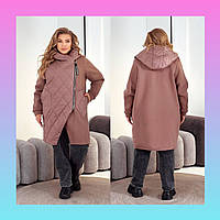 Жіночий осінній подовжений кардиган батал на блискавці мокко з капюшоном