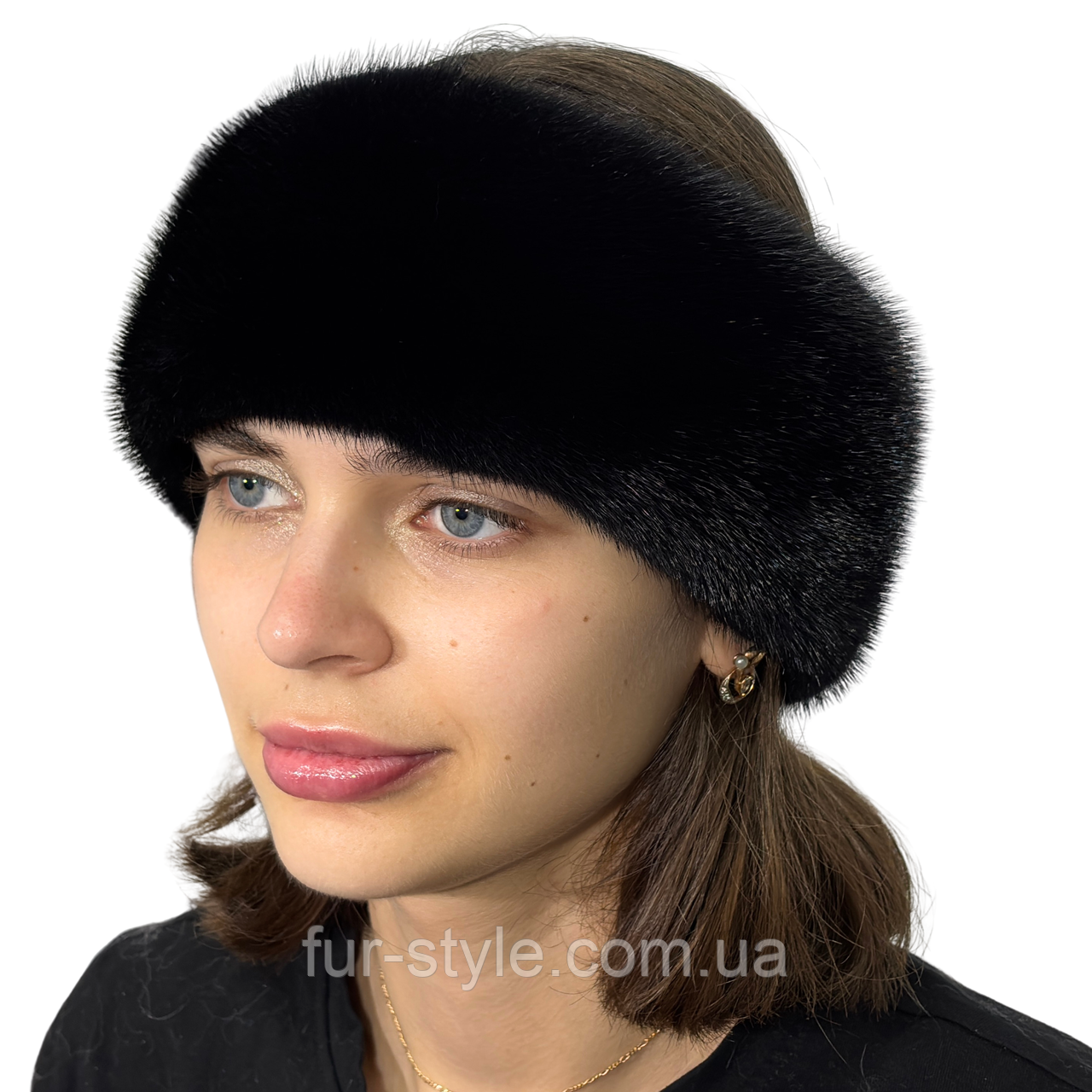 Жіноча хутрова норкова пов'язка на голову з цільного хутра Блек, фото 1