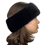 Жіноча хутрова норкова пов'язка на голову з цільного хутра Блек, фото 4
