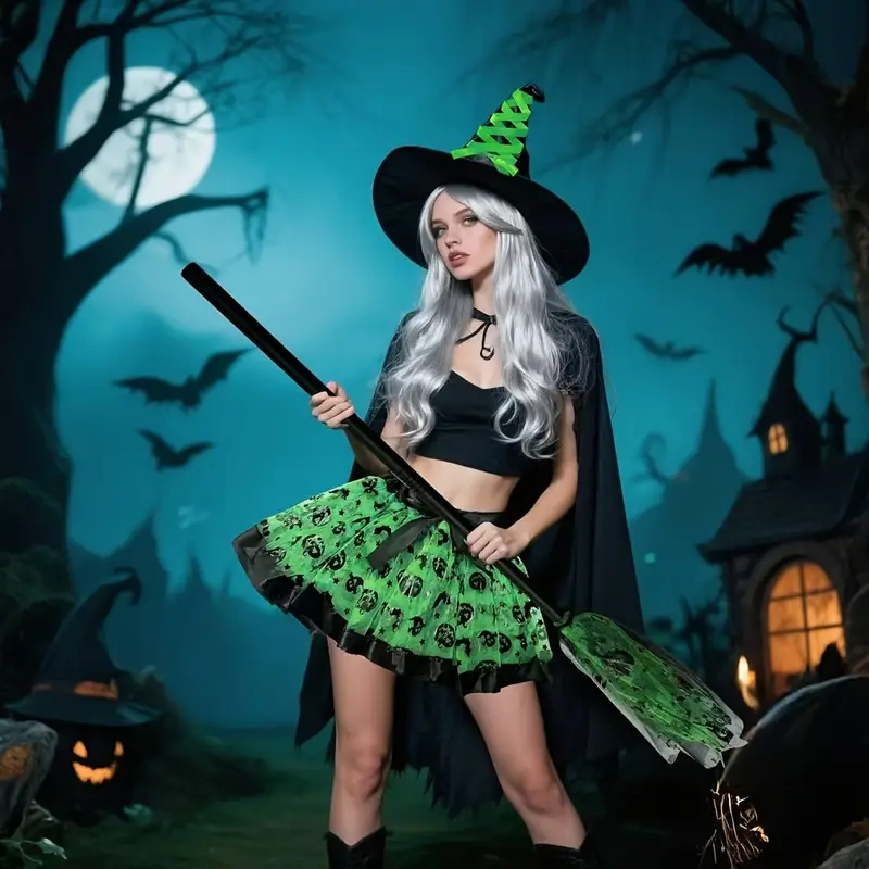 Жіночий костюм відьми на Хелловін із мітлою зелений, фото 1