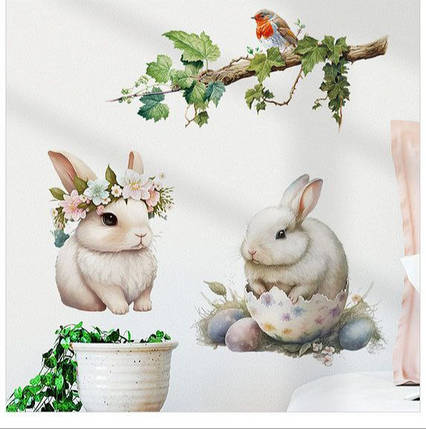 Вінілові наклейки 2 кролики та пташка (лист 85 х 30 см) Б376-18 CDXT, фото 1