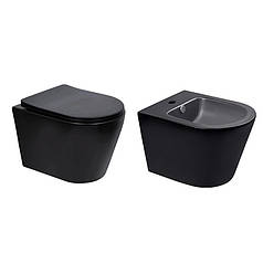Комплект Qtap Scorpio Matt Black 2 в 1: Унітаз підвісний Ultra Quiet QT14332380AMB + біде підвісне QT1455053FMB
