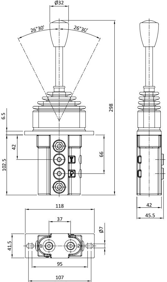 габаритні розміри джойстика JSSC100/1 розміри джойстика JSSC100/1