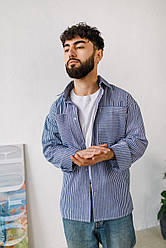 Чоловіча лляна сорочка в смужку льон на весну осінь під джинси