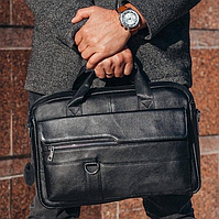 Шкіряна чоловіча сумка-портфель для документів та ноутбука чорна MK39848