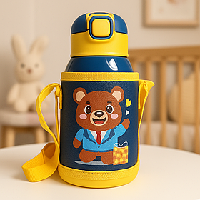 Дитячий термос-поїльник з трубочкою для дітей в сумці-чохлі з нержавіючої сталі 600 мл Mumlove ведмедик