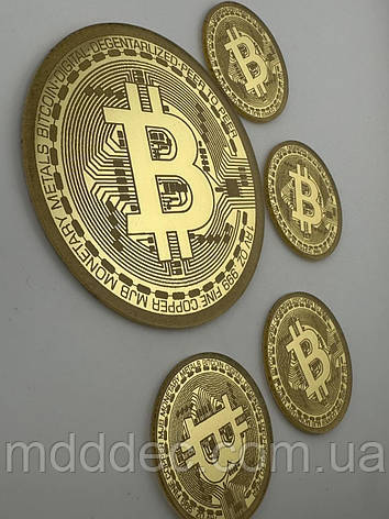 Топпер Bitcoin, декоративні монети з акрилу золоті, 2мм, набір 8см+4см із кріпленням, фото 1