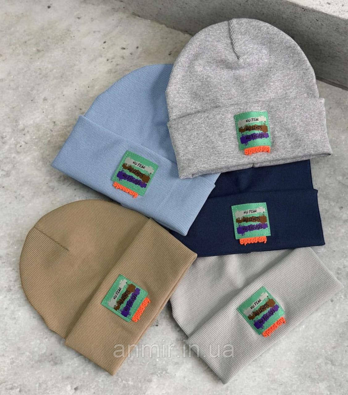 Шапка дитяча демісезонна Speed dry подвійна рубчик бавовна для хлопчика 50-52, кольору міксом