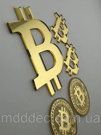 Золотий топер знак Bitcoin, набір акрилових декоративних монет і символів біткоїн 8см+4см., фото 1