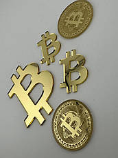 Золотий топер знак Bitcoin, набір акрилових декоративних монет і символів біткоїн 8см+4см., фото 5