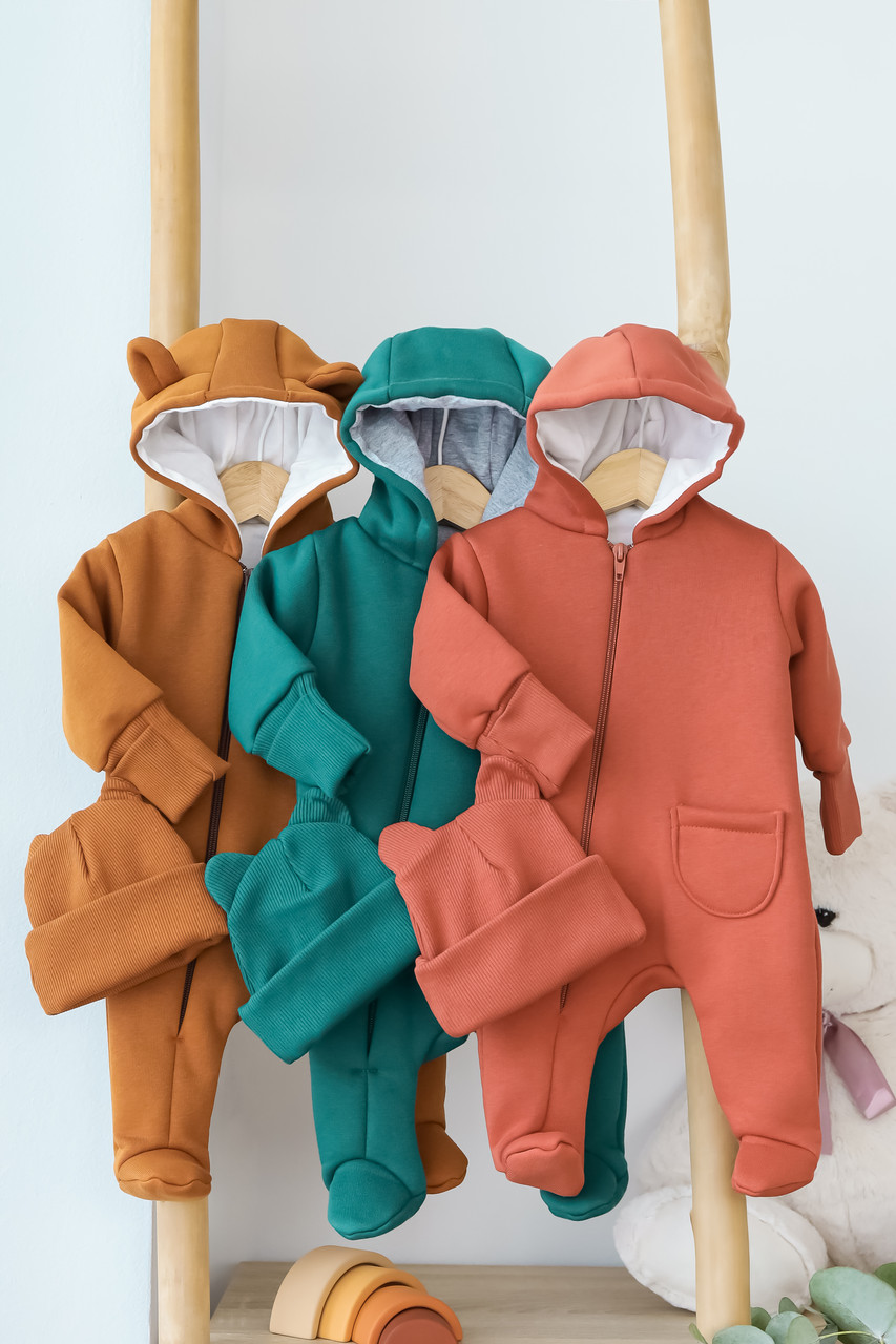 Комбінезон ромпер для немовляти на блискавці теплий + подвійна шапочка рубчик 56,62, фото 1