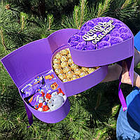 Сюрприз бокс із цукерками «3-ярусний фіолетовий» Набір серце на подарунок Milka Елітна коробка мілка зі солодощами