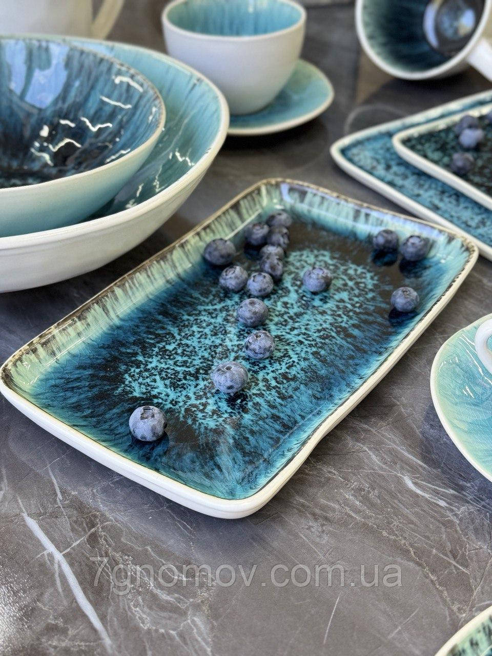 Набір 6 керамічних тарілок для подачі прямокутна синя Лазурит 24 см