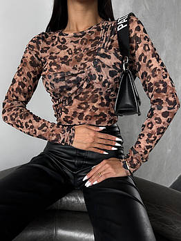 Жіночий лонгслів з леопардовим принтом із сітки 42–46