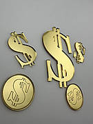 Топпер долар золотий, набір акриловий знак дзеркальний Dollar 8*5см, монети 4см, з кріпленням