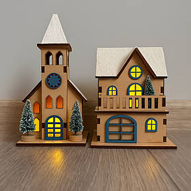 Новорічні будиночки з підсвіткою LED на батарейках. Набір подарунковий, різдв'яний сувенір