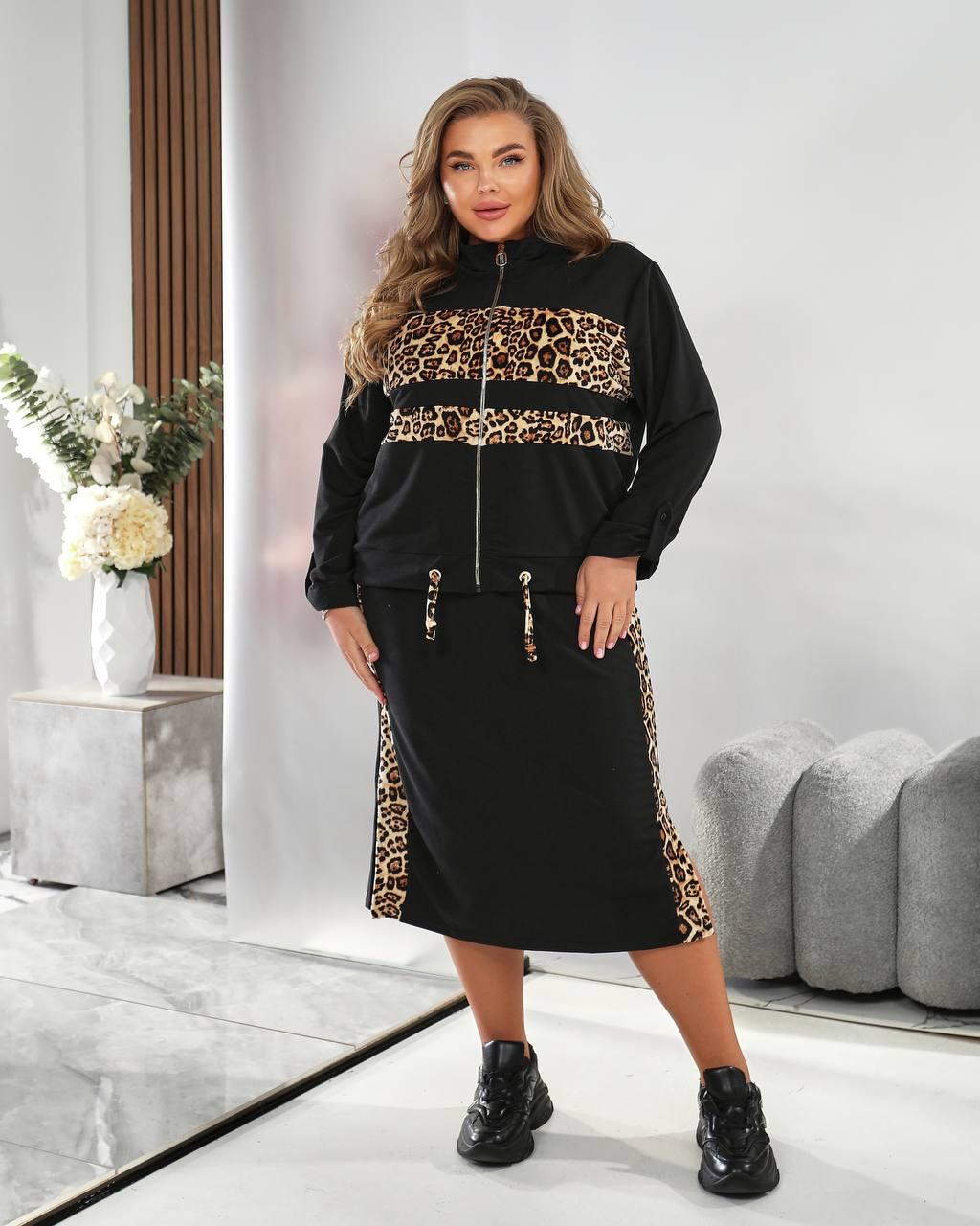 Чорний жіночий костюм із леопардовими вставками батал: плаття та кофта, фото 1