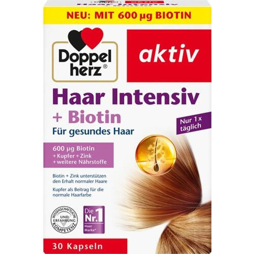 Doppelherz aktiv Haar Intensiv + Biotin 30 капсул – біотин, цинк і мідь для здоров’я волосся, фото 1