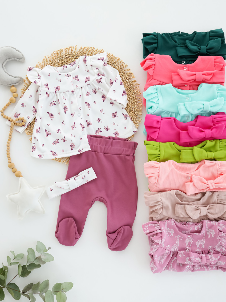 Комплект для дівчинки туніка з рюшами + повзунки + пов’язка (тканина інтерлок), фото 1