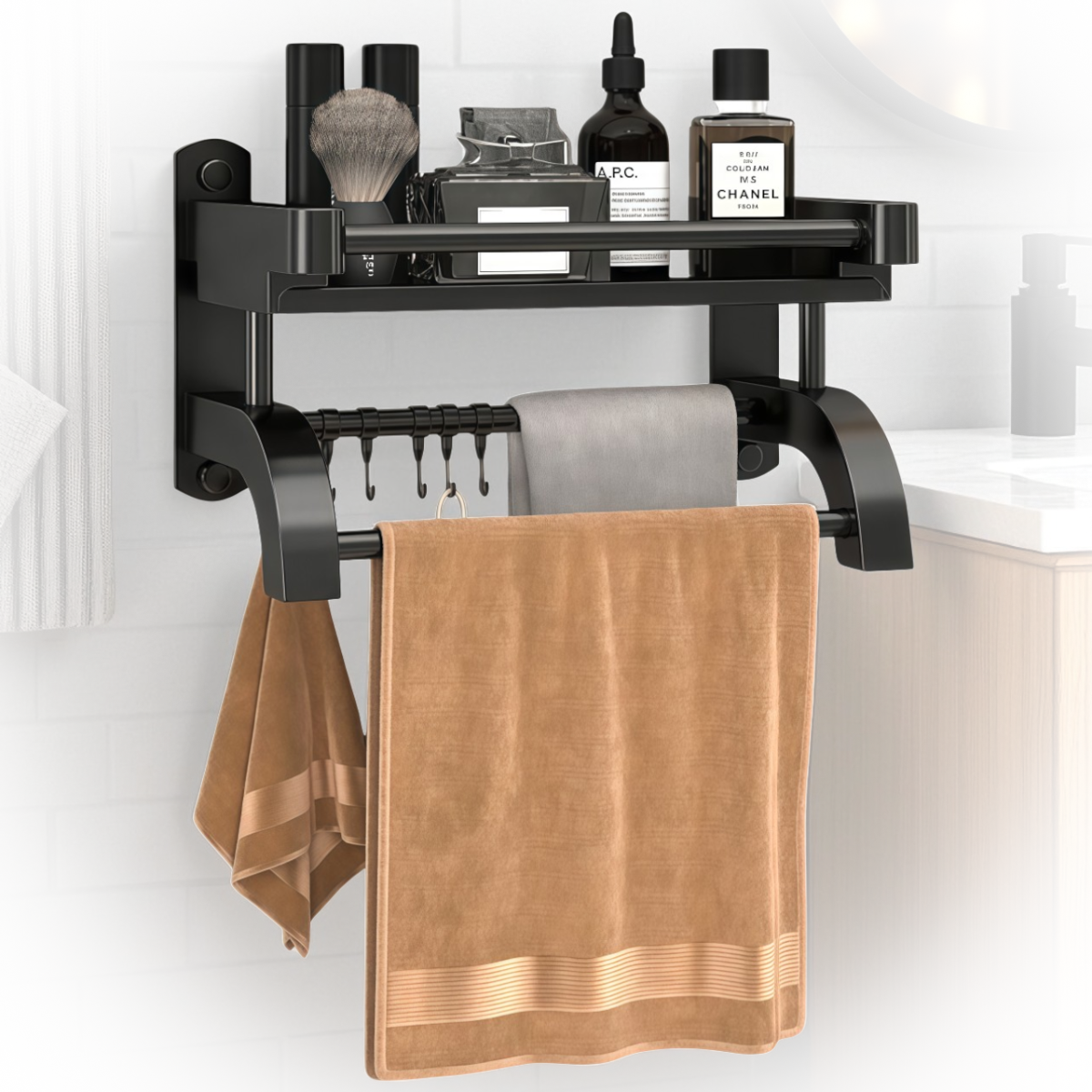 Полиця для ванної кімнати 40 см настінна з тримачем для рушників і гачками, фото 1