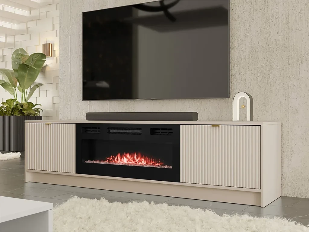 Тумба під телевізор Razimo EF з електрокаміном, пісочний беж/золотий, фото 1