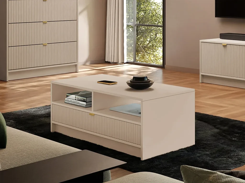 Журнальний столик із шухлядою Razimo 1SZ, пісочний беж/золотий, фото 1