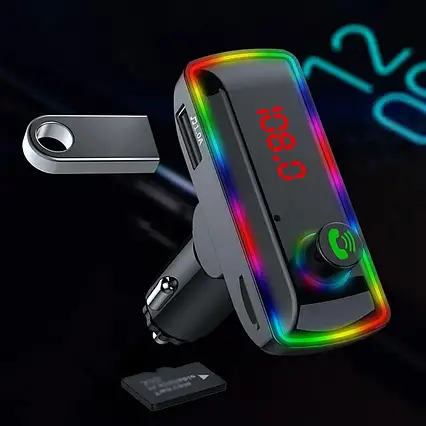 Модулятор у машину F12 з Bluetooth, Автомобільний FM-Модулятор 3в1 з Bluetooth RGB-підсвіткою і LED-екраном, фото 1