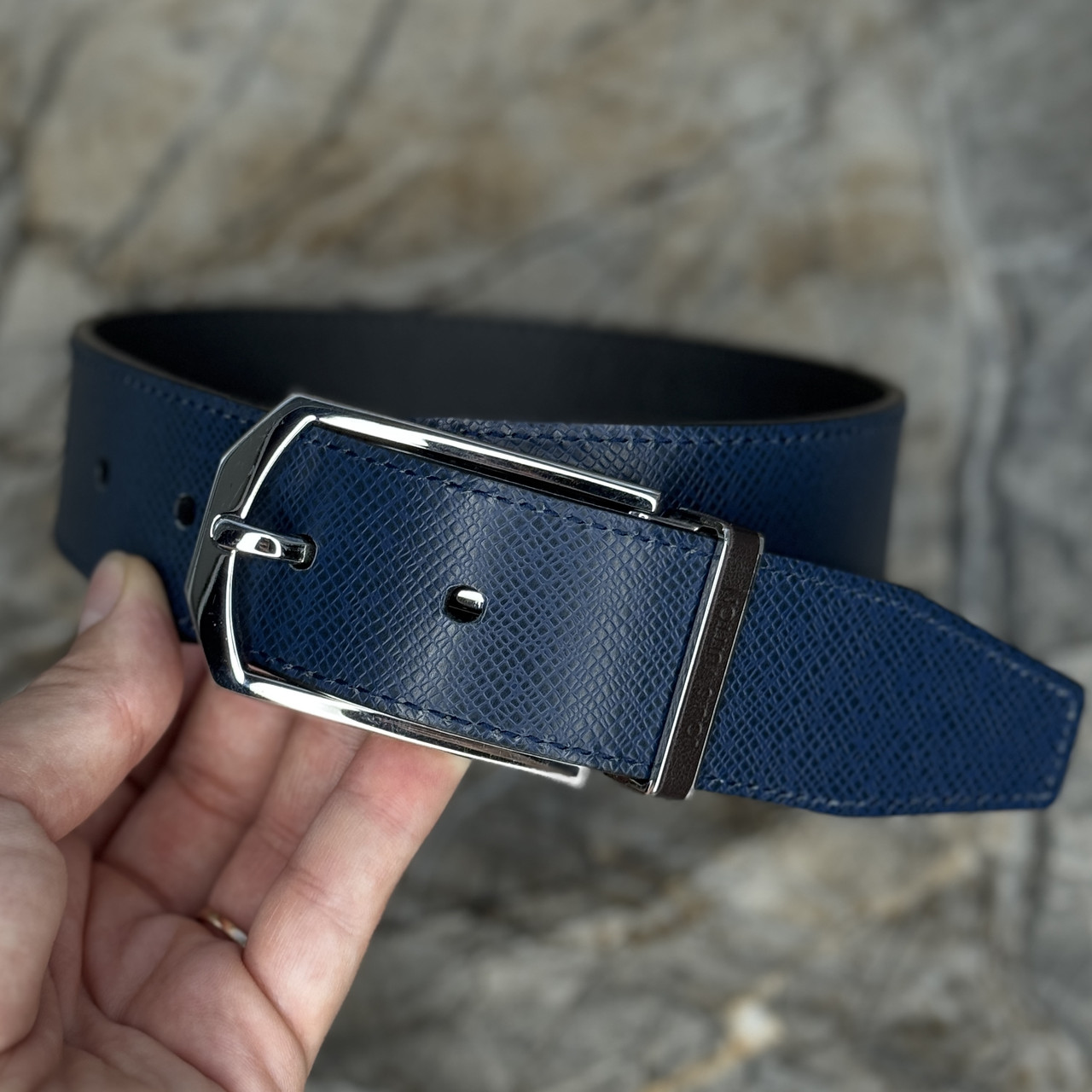 Двосторонній синій чоловічий ремінь  Slender 35 мм  Louis Vuitton (Луї Віттон)