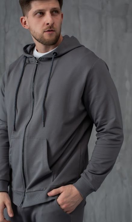 Толстовка Dias чоловіча однотонна капюшон блискавка кармани М сіра, фото 1