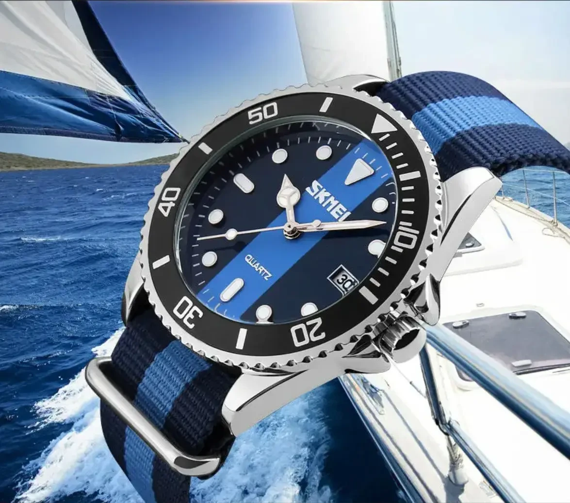 Годинник Skmei 9133LTBU Light Blue | Стильний кварцовий годинник з датою, водонепроникний, нейлоновий ремінець NATO, фото 1