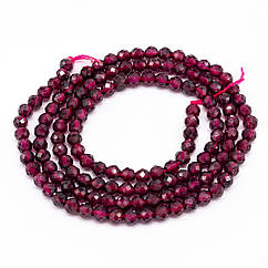 Намистини Натуральний Гранат, на Нитках, Круглі, Грановані, Бордовий, 3-3.5мм, Отвір: 0,5мм, 103шт/36см/нитка