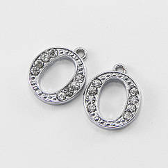 Кулон Метал зі Стразами, Платина, 14х11.5х2.5мм, Отвір 1.5мм, 1 шт