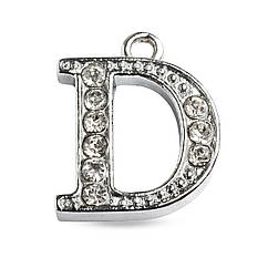 Кулон Металевий "D" зі Стразами, Платина, 14.5х11.5х2.5мм, Отвір 1.5мм, 1 шт
