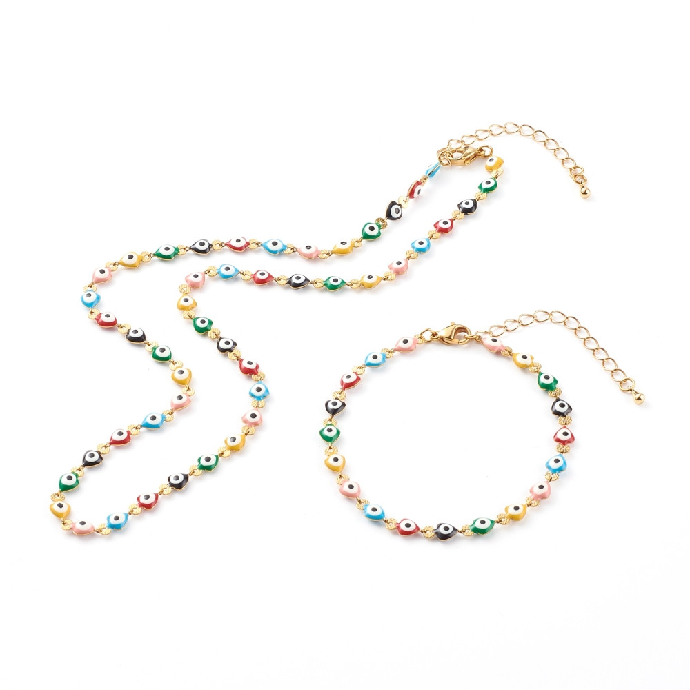 Комплект Намисто і Браслет, Нерж. Сталь та Емаль, Серце з Оком, Золото, 40см, Браслет 19.5см, фото 1