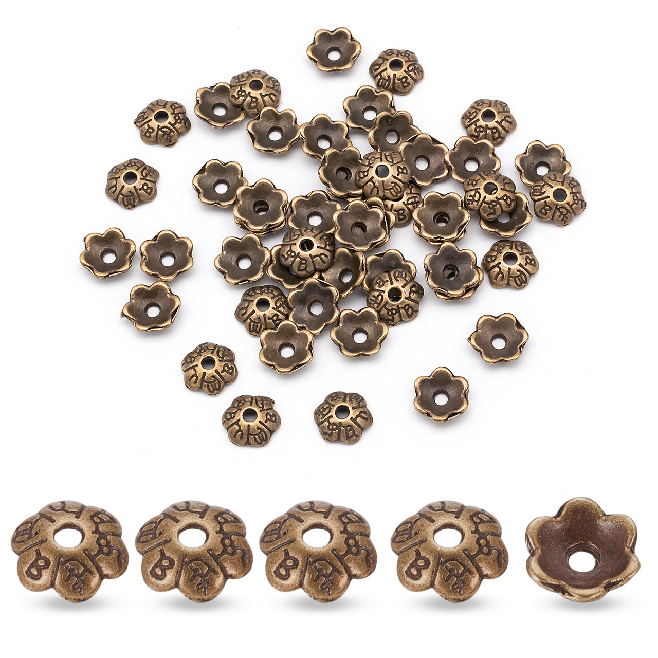 Шапочки для Намистин зі Сплаву, Квітка, Колір Мідний, 6х2мм, Отвір 1мм, 50 шт, фото 1