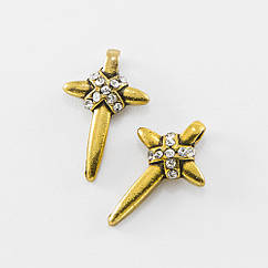 Кулон Хрест зі Стразами, Метал, Античне Золото, 22х14х4мм, Отвір 2мм, 5 шт