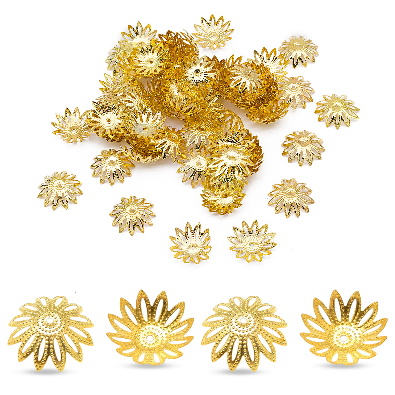 Шапочки для Намистин Залізні, Квітка, Філігранні, Золото, 16х4.5мм, Отвір 1мм, 100 шт, фото 1