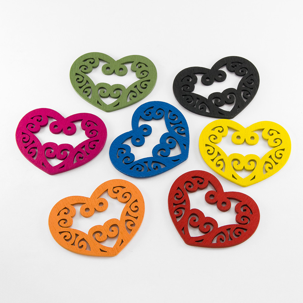 Підвіски Дерев'яні Пофарбовані, Серце, Мікс, 52х42х2мм, Отвір 2мм, 10 шт, фото 1