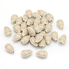 Намистини Акрилові "Париж" Крапля, з Малюнком Металік Золото, Бежевий, 18x11.5x7.5мм, 30шт/25г