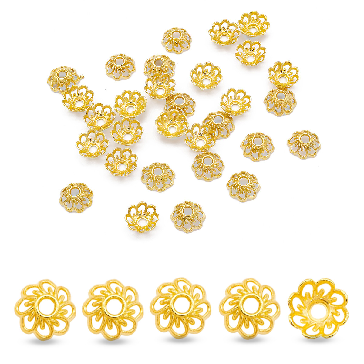 Шапочки для Намистин Металеві, Квітка, Золото, 9х4мм, Отвір 2мм, 30 шт, фото 1