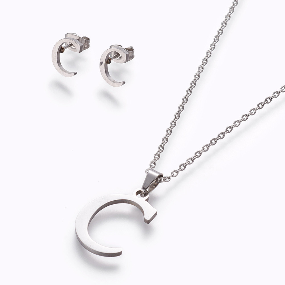 Комплект Ланцюжок з Кулоном і Сережки-цвяхи, Нерж. Сталь, Буква "C", 45см, фото 1