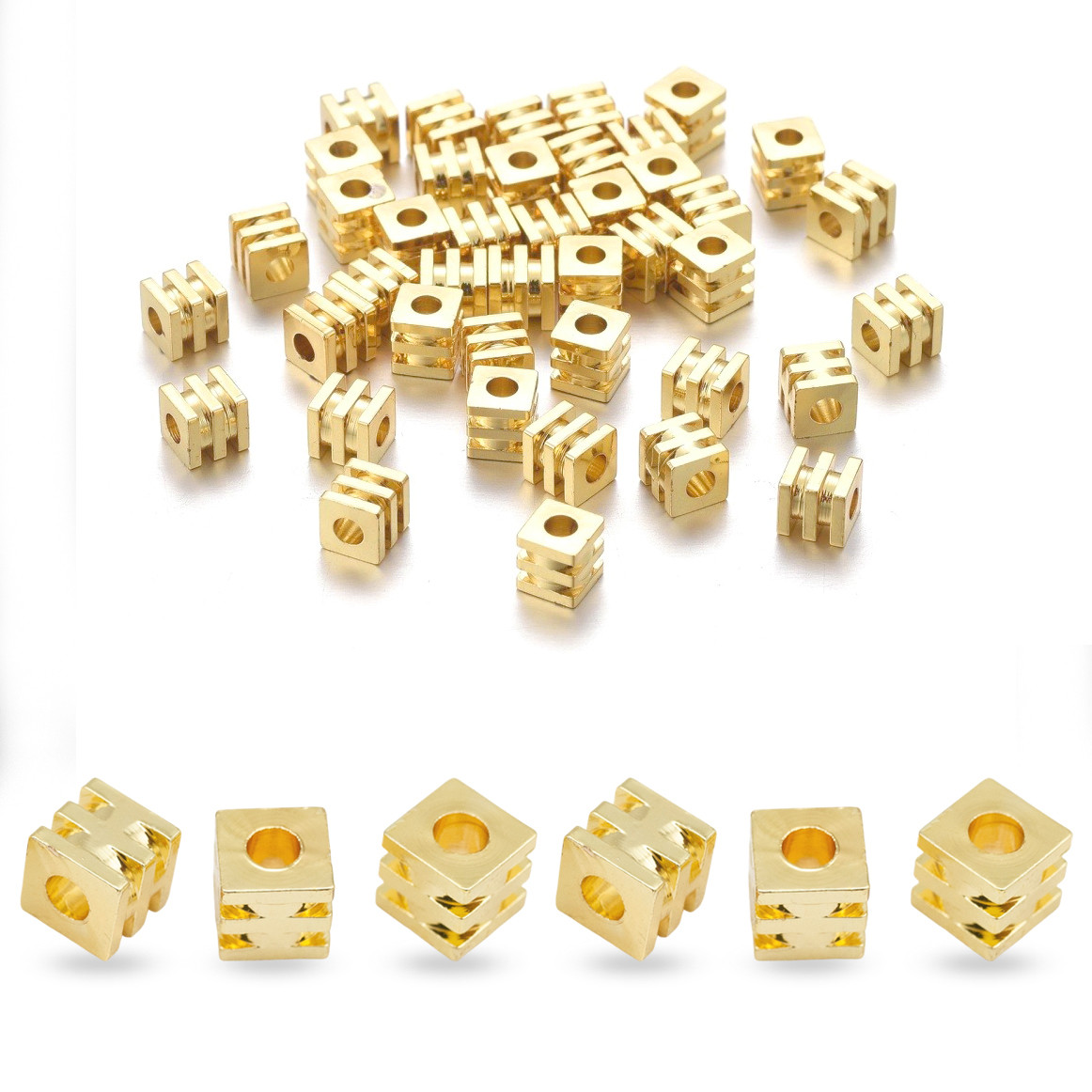 Намистини-Роздільники Латунь Рифлені Кубики Стійке Покриття, Золото, 2х2х2мм, Отвір 1.2мм, 50 шт, фото 1