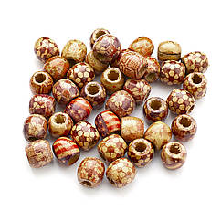 Намистини Дерев'яні Друковані, Бочонок, Мікс, 16х17х17мм, Отвір 6.5-7.5мм, близько 25шт/50г