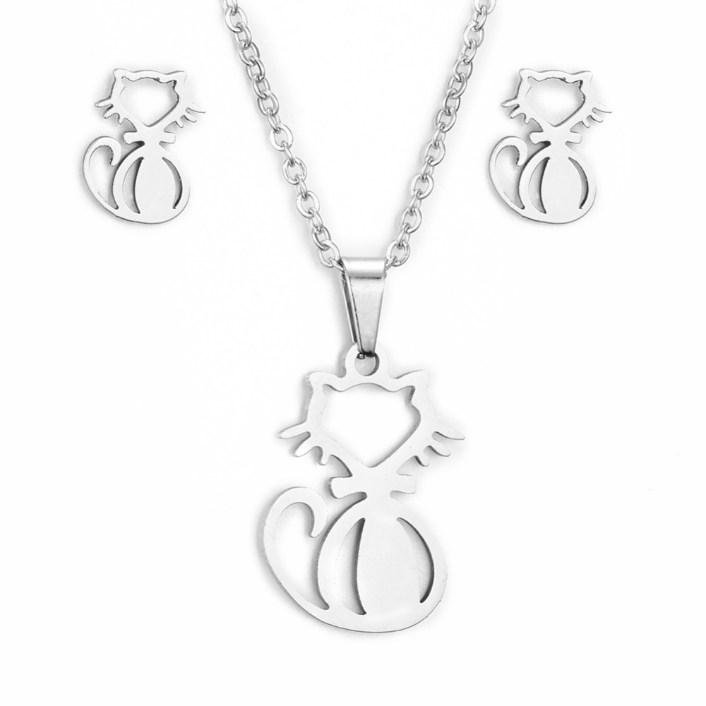 Комплект з Нержавіючої Сталі, Кольє з Підвіскою та Сережки-гвоздики, Кішка, 45см, фото 1