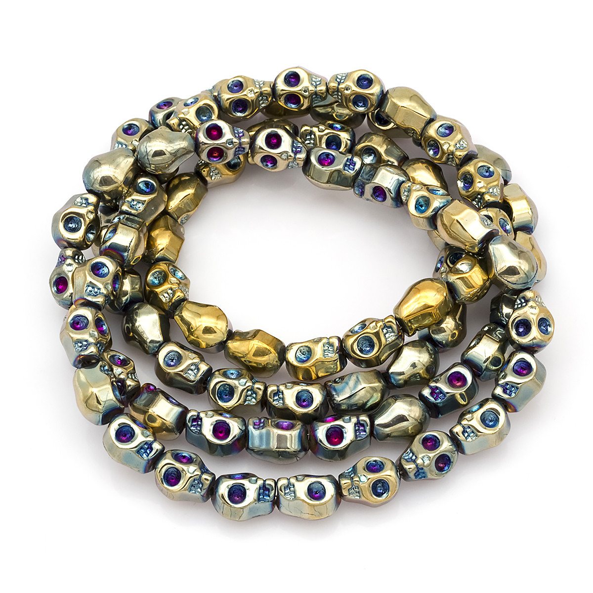 Намистини Скло з Гальванікою, Форма Череп, Золотистий, 10x8x7мм, Отвір 1мм, близько 80шт/80см/нитка, фото 1