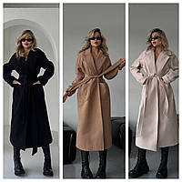 Длинное кашемировое пальто с карманами и с поясом Классическое кашемировое пальто с поясом